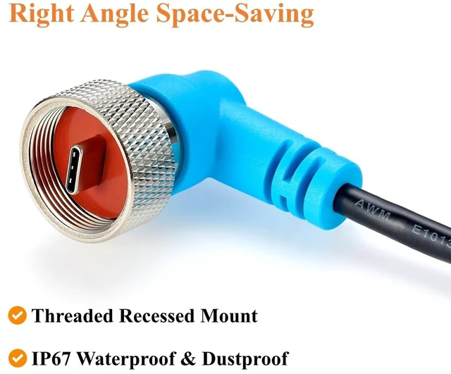 Alt view image 4 of 7 - IP67 Right Angle USB 3.1 C Male to Male Threaded Locking Cable (1M/3.28FT)