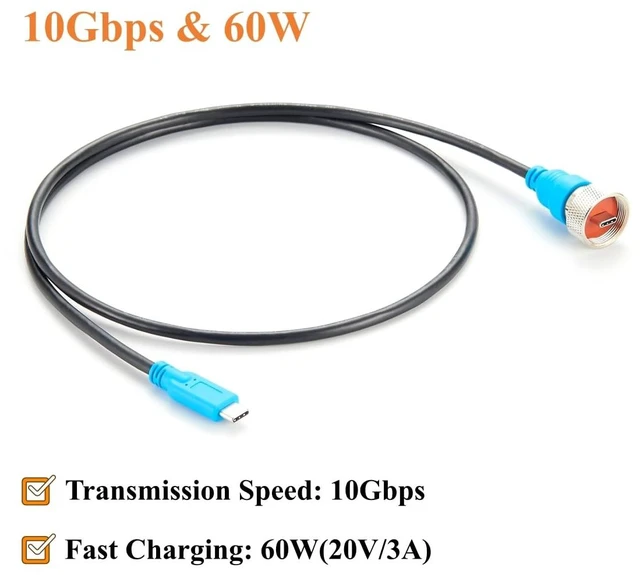 Alt view image 3 of 7 - IP67 Waterproof USB 3.1 C Male to Male Threaded Locking Cable (1M/3.28FT)