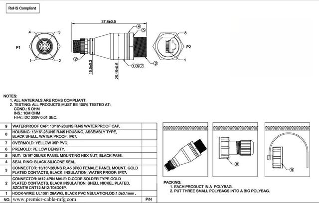 Alt view image 6 of 7 - M12 D Code 4Pin to RJ45 Panel Mount Feedthrough Adapter IP67 Waterproof Profinet RJ45 Cat5e to M12 Male Shielded Connector for Industrial Automation LoT Sensor