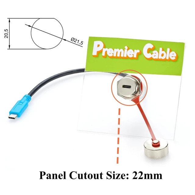 Alt view image 2 of 7 - IP67 USB 3.1 Type-C Male to Female Panel Mount Extension Cable (0.3M/1FT)