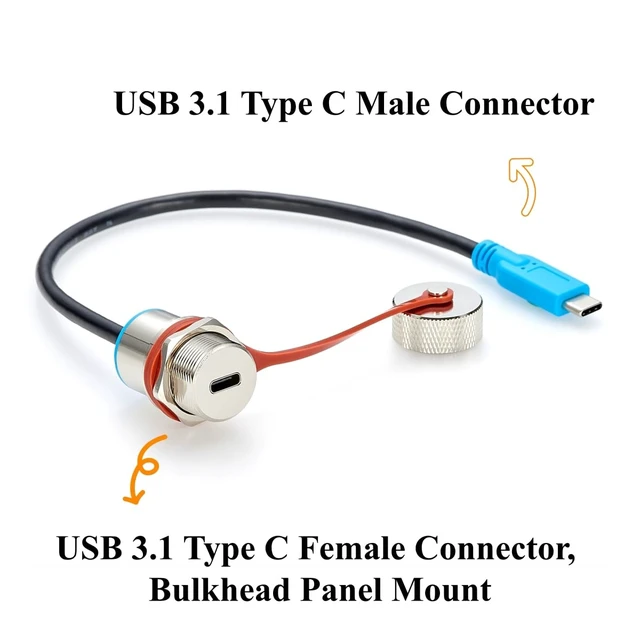 Alt view image 3 of 7 - IP67 USB 3.1 Type-C Male to Female Panel Mount Extension Cable (0.3M/1FT)