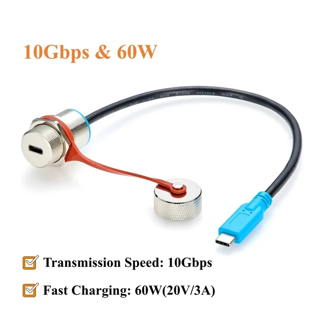 Alt view image 4 of 7 - IP67 USB 3.1 Type-C Male to Female Panel Mount Extension Cable (0.3M/1FT)