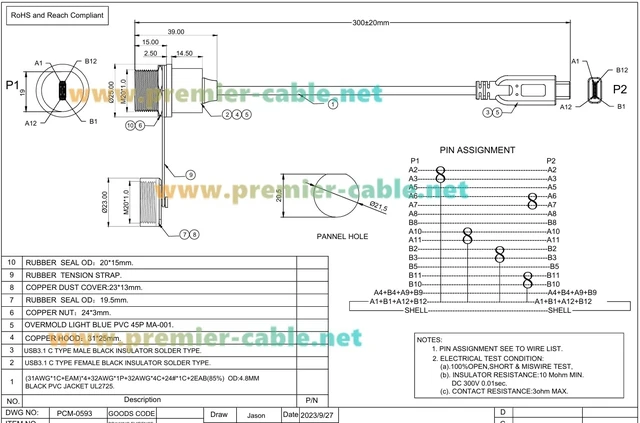 Alt view image 7 of 7 - IP67 USB 3.1 Type-C Male to Female Panel Mount Extension Cable (0.3M/1FT)