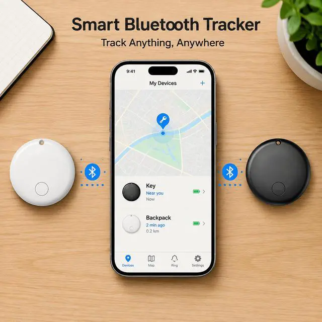 Alt view image 5 of 6 - Bluetooth Tracker Tag - Smart Item Finder with iOS & Android Compatibility, Anti-Lost Locator for Keys, Wallets, Pets & Luggage, Round Design with App Control (2-Pack, Black & White)