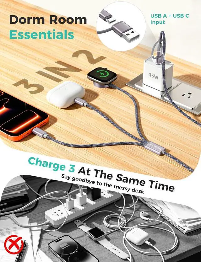Alt view image 3 of 7 - 2026 Travel Essentials for Apple Watch Charger,Cruise Vacation Camping Essentials,iPhone Charger,Multi Charging Cable,3 in 2 Charging Docks for iWatch Series 11-2/Ultra,iPhone 17-12,Car
