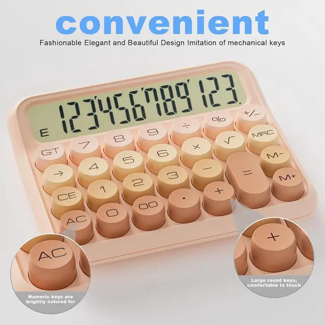 Alt view image 3 of 5 - Mechanical Calculator 12 Digit Extra Large 5-Inch LCD Display, DECKLIT Battery Desk Calculator, Big Buttons Easy to Press Office Calculators Desktop, 15°Tilt Screen for Kids Calculator(Gradient Pink)