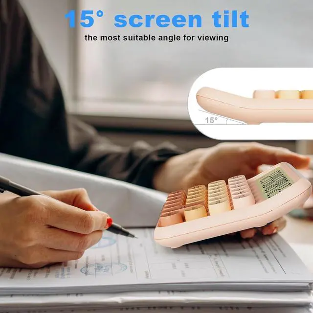 Alt view image 4 of 5 - Mechanical Calculator 12 Digit Extra Large 5-Inch LCD Display, DECKLIT Battery Desk Calculator, Big Buttons Easy to Press Office Calculators Desktop, 15°Tilt Screen for Kids Calculator(Gradient Pink)