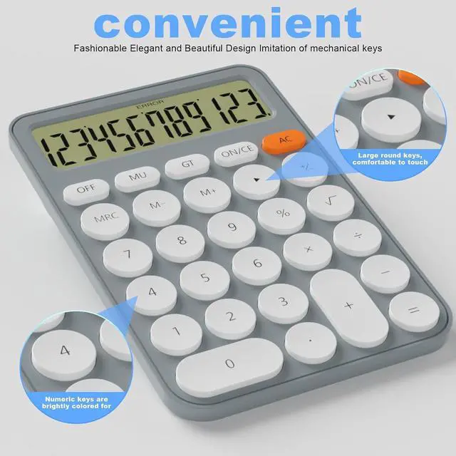 Alt view image 2 of 7 - Cute Calculators Desktop Size 6.3 * 4.3in/16 * 11cm, DECKLIT Battery 12 Digit Desk Calculator Extra LCD Large Display, Great Desktop Calculator Big Buttons, 15°Tilt Screen for Kids Calculator(Grey)