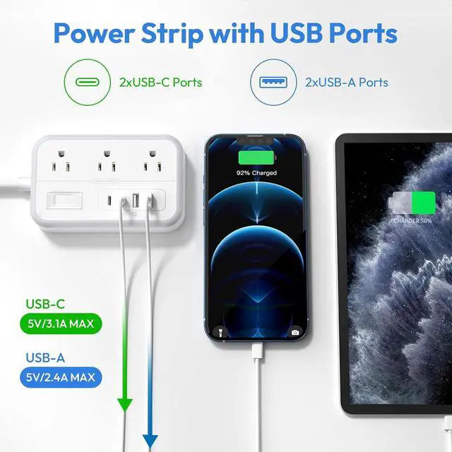 Alt view image 4 of 7 - Extension Cord 15 ft, Power Strip with 6 Outlets 4 USB Charger(2 USB C Port), Flat Plug Outlet Extender Long Cord, Protection for Indoor, Home, Office Supplies, Dorm Room Essentials