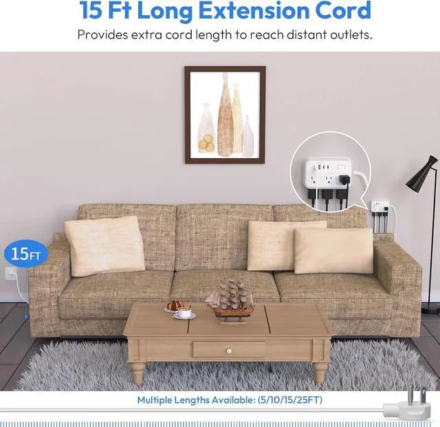 Alt view image 2 of 7 - Extension Cord 15 ft, Power Strip with 6 Outlets 4 USB Charger(2 USB C Port), Flat Plug Outlet Extender Long Cord, Protection for Indoor, Home, Office Supplies, Dorm Room Essentials