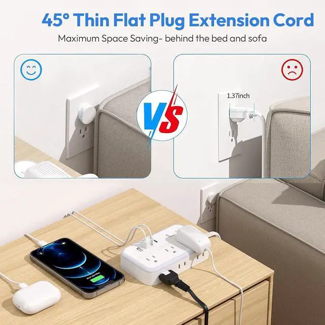 Alt view image 5 of 7 - Extension Cord 15 ft, Power Strip with 6 Outlets 4 USB Charger(2 USB C Port), Flat Plug Outlet Extender Long Cord, Protection for Indoor, Home, Office Supplies, Dorm Room Essentials