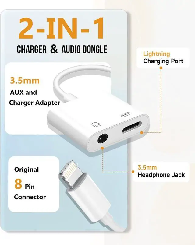 Alt view image 2 of 7 - Lightning to 3.5mm Headphone Jack Adapter, Apple MFi Certified 2-in-1 Charger & Audio Dongle for iPhone 14/13/12/11/XS/XR, Charge & Listen,DAC Chip,Hi-Fi Sound,for Car Aux, Home, Travel (2, White)