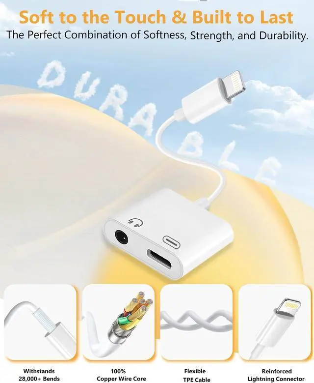 Alt view image 3 of 7 - Lightning to 3.5mm Headphone Jack Adapter, Apple MFi Certified 2-in-1 Charger & Audio Dongle for iPhone 14/13/12/11/XS/XR, Charge & Listen,DAC Chip,Hi-Fi Sound,for Car Aux, Home, Travel (2, White)
