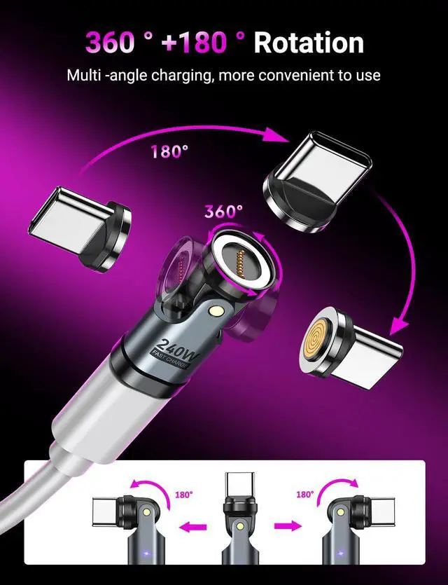 Alt view image 4 of 7 - USB C Magnetic Adapter PD 240W(2Pack), 9PIN USB C 90 Degree Adapter/C Right Angle Adapters/360 &180 Degree C to C Adapters for 1Phone 17/16/15, Ma-Book Pro/1Pad Series, Samsung Galaxy, Tablet, Laptop
