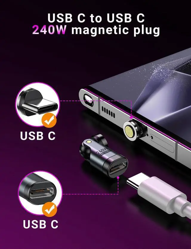 Alt view image 3 of 7 - USB C Magnetic Adapter PD 240W(2Pack), 9PIN USB C 90 Degree Adapter/C Right Angle Adapters/360 &180 Degree C to C Adapters for 1Phone 17/16/15, Ma-Book Pro/1Pad Series, Samsung Galaxy, Tablet, Laptop