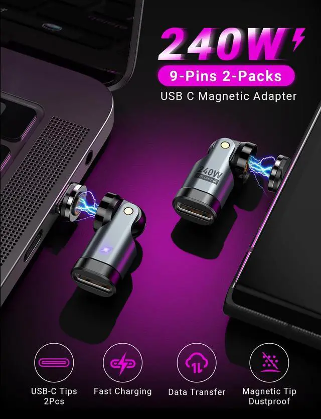 Alt view image 2 of 7 - USB C Magnetic Adapter PD 240W(2Pack), 9PIN USB C 90 Degree Adapter/C Right Angle Adapters/360 &180 Degree C to C Adapters for 1Phone 17/16/15, Ma-Book Pro/1Pad Series, Samsung Galaxy, Tablet, Laptop
