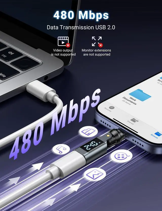 Alt view image 5 of 7 - USB C Magnetic Adapter PD 240W(2Pack), 9PIN USB C 90 Degree Adapter with LED Digital Display/360 &180 Degree Power Meter Tester for 1Phone 17/16/15, Ma-Book Pro/1Pad Series, Samsung, Tablet, Laptop