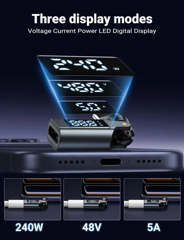 Alt view image 2 of 7 - USB C Magnetic Adapter PD 240W(2Pack), 9PIN USB C 90 Degree Adapter with LED Digital Display/360 &180 Degree Power Meter Tester for 1Phone 17/16/15, Ma-Book Pro/1Pad Series, Samsung, Tablet, Laptop