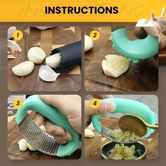 Alt view image 4 of 7 - 2026 Upgraded garlic press rocker, stainless steel garlic press, garlic crusher with peeler and cleaning brush, garlic chopper for crushing garlic, kitchen gadgets, efficient and time-saving (Black)