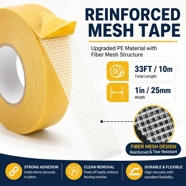 Alt view image 2 of 6 - Heavy-Duty Double Sided Tape | 1inch x 33FT Clear Tape with Residue-Free Removal, Mesh Fabric Tape for Home DIY, Carpet and Rug Securing (1inch x 33FT)
