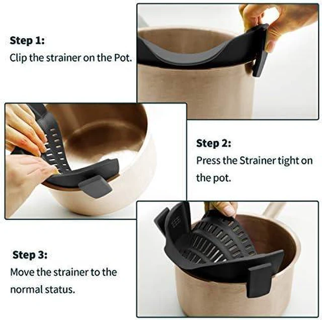 Alt view image 4 of 6 - Clip On Strainer Silicone for All Pots, Standard 8.86 x 3.55in, Black
Food-grade BPA-free, Fits Pots Pans Bowls, Dishwasher Safe, for Pasta Noodles Vegetable Fruits, Space-saving Kitchen Gadget
