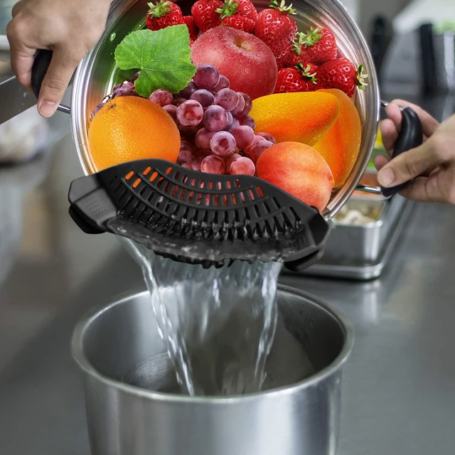 Alt view image 2 of 6 - Clip On Strainer Silicone for All Pots, Standard 8.86 x 3.55in, Black
Food-grade BPA-free, Fits Pots Pans Bowls, Dishwasher Safe, for Pasta Noodles Vegetable Fruits, Space-saving Kitchen Gadget