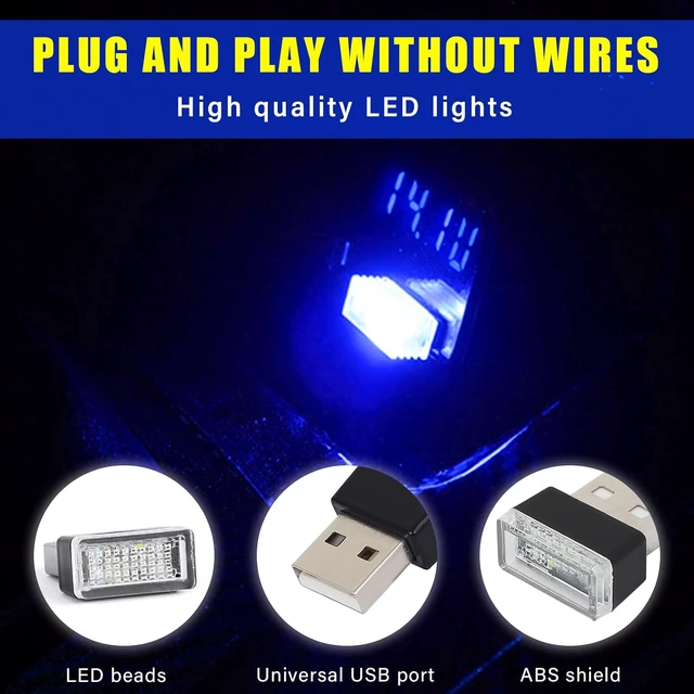Alt view image 3 of 6 - 4 PCS USB LED Car Interior Atmosphere Lamp, Plug-in USB Decor Night Light, Portable Auto Ambient Lighting Kit, Universal Vehicle Interior Accessories for Most Cars (Blue)