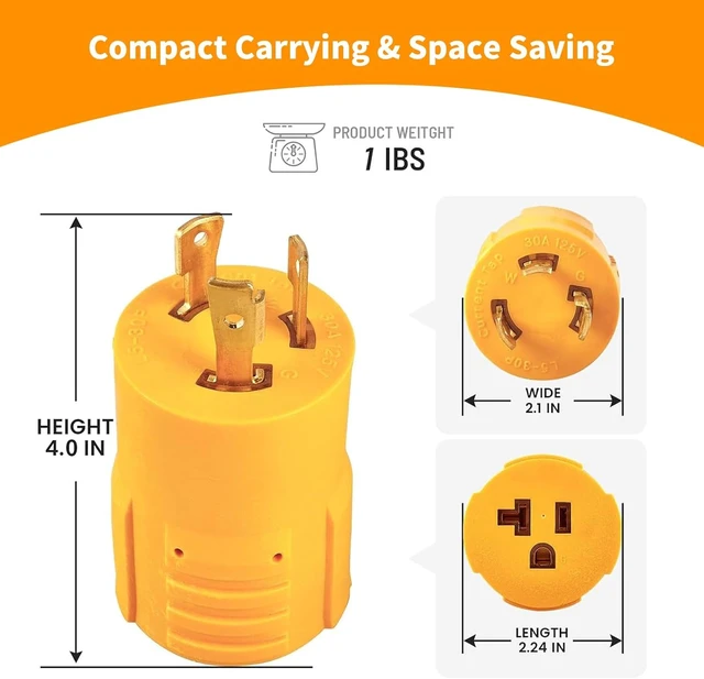 Alt view image 3 of 6 - 30 Amp to 110 Adapter for Shore Power,30 amp to 15 amp rv Adapter
NEMA L5-30P Twist Lock to Marine & RV Adapter,30A 125V Converts to Household 15A/20A 120V for Generator, Boats, Camper & Home