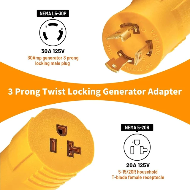 Alt view image 2 of 6 - 30 Amp to 110 Adapter for Shore Power,30 amp to 15 amp rv Adapter
NEMA L5-30P Twist Lock to Marine & RV Adapter,30A 125V Converts to Household 15A/20A 120V for Generator, Boats, Camper & Home