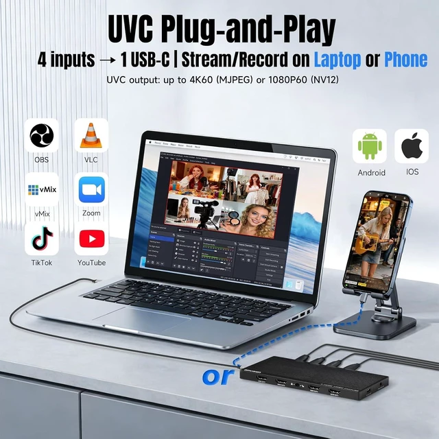 Alt view image 6 of 7 - 4 Channel HDMI Capture Card with Loop Out - 4K60 Video Capture Card, UVC Plug-and-Play USB 3.2 Type-C, 10Gbps, Pro Audio Input, 100W PD, for Streaming/Gaming/Video Production/PS5/Switch/Xbox