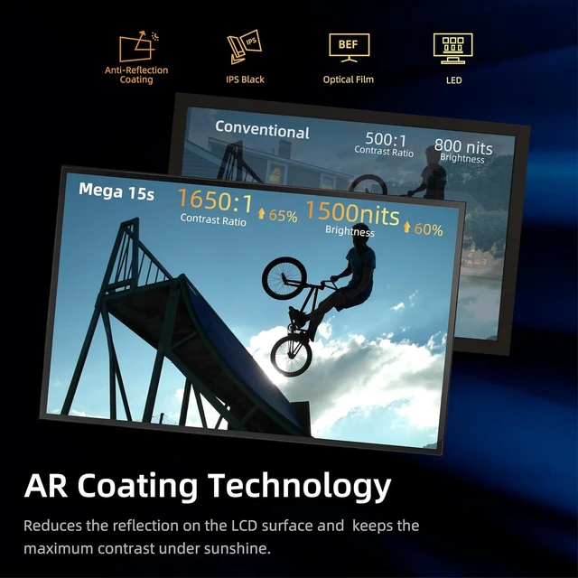 Alt view image 3 of 6 - Mega 15S 15.4" 1500nits 3G-SDI 4K HDMI HDR Production Monitor
Auto Color Calibration, 10-Bit IPS Panel, 1650:1, reflection-reducing coating, Triple Input Ports, V-Mount Plate, C-Stand