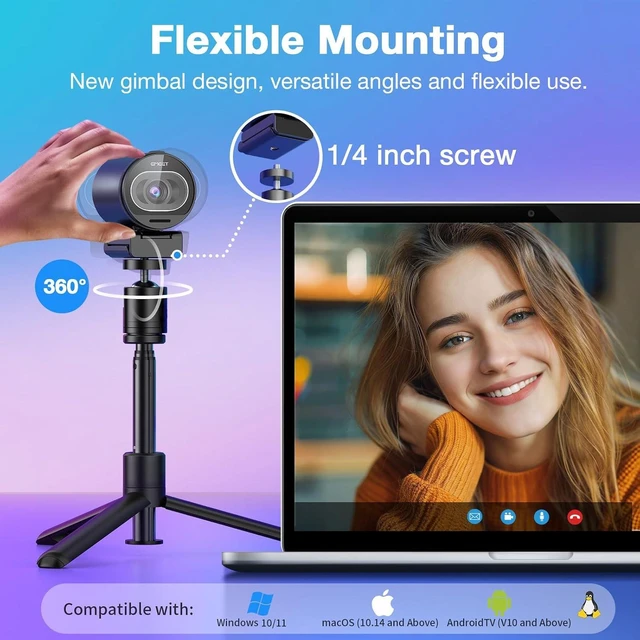 Alt view image 4 of 7 - S600 4K Webcam with Tripod for Streaming, Sony 1/2.55'' Sensor
1080P@60FPS, PDAF Autofocus, 2 Noise Reduction Mics, Built-in Privacy Cover 73° FOV, Streaming Webcam for Product/Game/Beauty