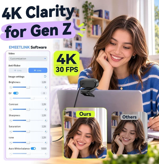 Alt view image 3 of 7 - C100 4K Webcam for PC with Privacy Cover, Portable Size, Metal Clip
78.5° FOV, Built-in Mic, EMEETLINK Control, Computer Camera for Online Learning/Meeting/Streaming, Desktop&Laptop, PC USB-A