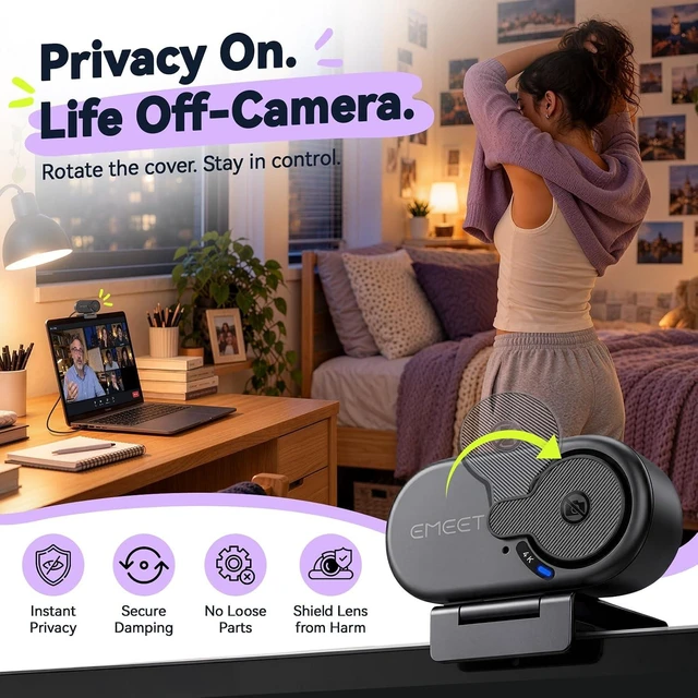 Alt view image 6 of 7 - C100 4K Webcam for PC with Privacy Cover, Portable Size, Metal Clip
78.5° FOV, Built-in Mic, EMEETLINK Control, Computer Camera for Online Learning/Meeting/Streaming, Desktop&Laptop, PC USB-A