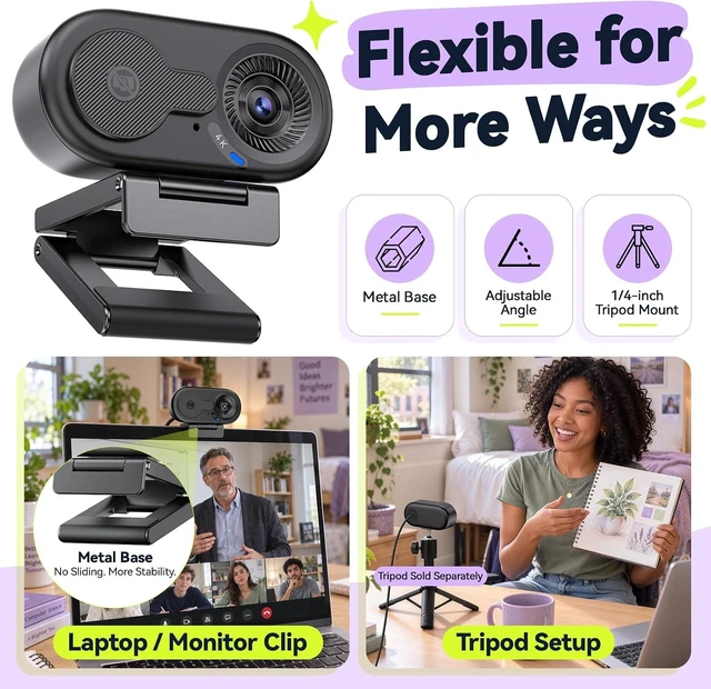 Alt view image 2 of 7 - C100 4K Webcam for PC with Privacy Cover, Portable Size, Metal Clip
78.5° FOV, Built-in Mic, EMEETLINK Control, Computer Camera for Online Learning/Meeting/Streaming, Desktop&Laptop, PC USB-A