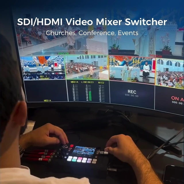 Alt view image 2 of 7 - mini-ISO Video Switcher, SDI & HDMI Video Mixer for Live Streaming
Mix 4x 4K HDMI & 4x SDI IN for Multi-Camera Live Production, 1080p HDMI Out, Direct PTZ Control , NDI & 4-Platform Streaming