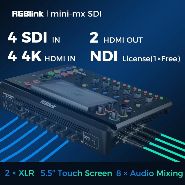 Alt view image 2 of 7 - mini-mx SDI Video Mixer Switcher for Live Streaming,W/ NDI & Faders
4×4K HDMI/SDI,NDI/UVC, Dual XLR , 5.5" Touchscreen, PTZ Control, Multi Camera Video Switcher for Church,Sutdio, Events