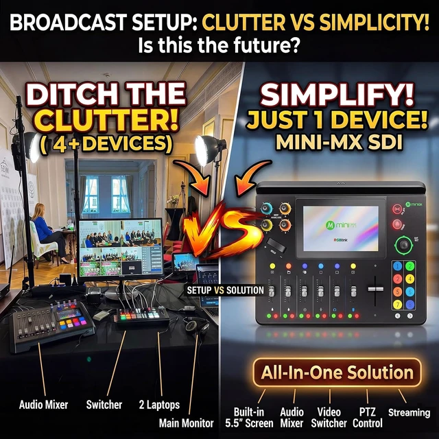 Alt view image 6 of 7 - mini-mx SDI Video Mixer Switcher for Live Streaming,W/ NDI & Faders
4×4K HDMI/SDI,NDI/UVC, Dual XLR , 5.5" Touchscreen, PTZ Control, Multi Camera Video Switcher for Church,Sutdio, Events