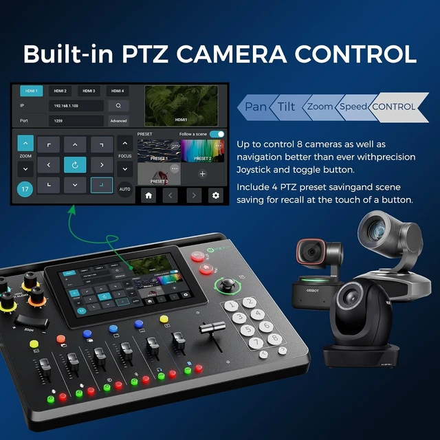 Alt view image 3 of 7 - mini-mx SDI Video Mixer Switcher for Live Streaming,W/ NDI & Faders
4×4K HDMI/SDI,NDI/UVC, Dual XLR , 5.5" Touchscreen, PTZ Control, Multi Camera Video Switcher for Church,Sutdio, Events