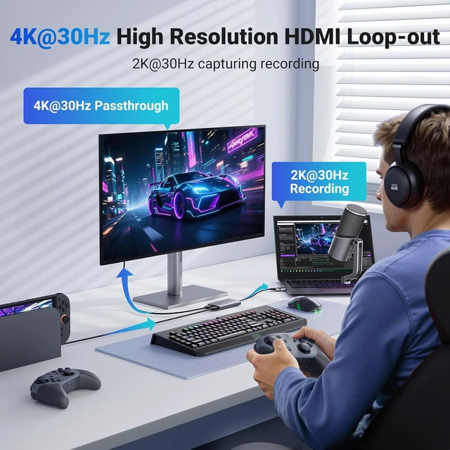 Alt view image 3 of 7 - 4K@30Hz Loop Out HDMI Capture Card for 2K 30FPS 1080P 60FPS USB 3.0
2K@30Hz Record for Video Capture Card for Streaming Gaming with Low Latency Compatible with Switch 2 PS5 Xbox PC Mac