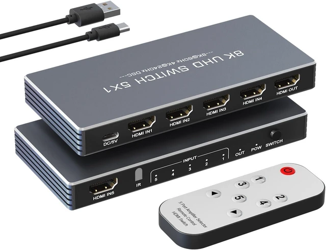 Main image of HDMI Switch 5 in 1 Out with Remote Support 8K@60Hz 4K@240Hz/144Hz/120Hz
2026 New 5 Port 8k HDMI 2.1 Switch Support 3D/HDR/HDCP2.3 for PS5/4 Xbox Nintendo Switch (EDID not supported)