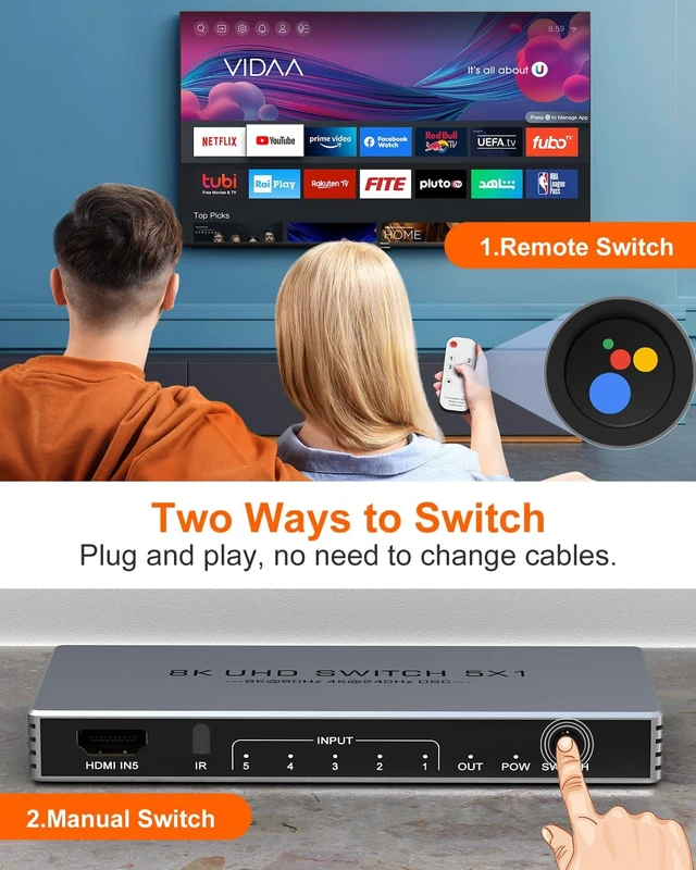 Alt view image 6 of 7 - HDMI Switch 5 in 1 Out with Remote Support 8K@60Hz 4K@240Hz/144Hz/120Hz
2026 New 5 Port 8k HDMI 2.1 Switch Support 3D/HDR/HDCP2.3 for PS5/4 Xbox Nintendo Switch (EDID not supported)