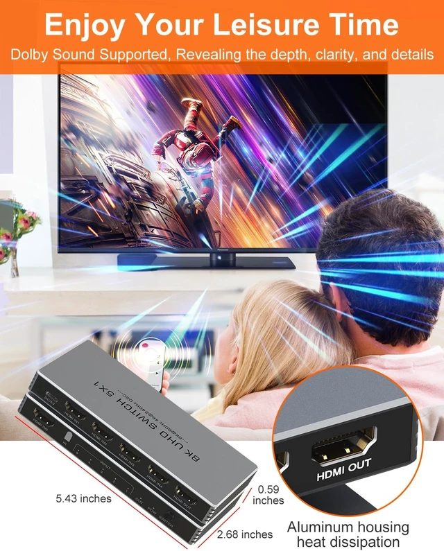Alt view image 4 of 7 - HDMI Switch 5 in 1 Out with Remote Support 8K@60Hz 4K@240Hz/144Hz/120Hz
2026 New 5 Port 8k HDMI 2.1 Switch Support 3D/HDR/HDCP2.3 for PS5/4 Xbox Nintendo Switch (EDID not supported)