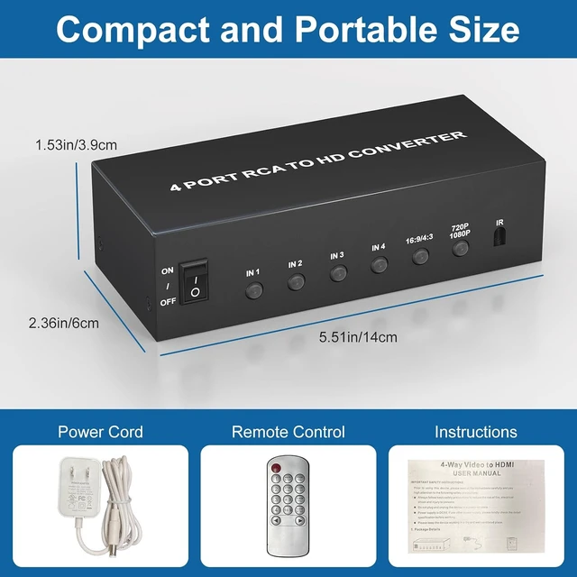 Alt view image 7 of 7 - Multiple RCA to HDMI Switch - 4 in 1 Out Red White Yellow to HDMI Converter
for N64/Smart TV/AUX/PS2/PS3/VHS/VCR/DVD Players, Support 4:3/16:9 1080P/720P RCA AV to hdmi Switch