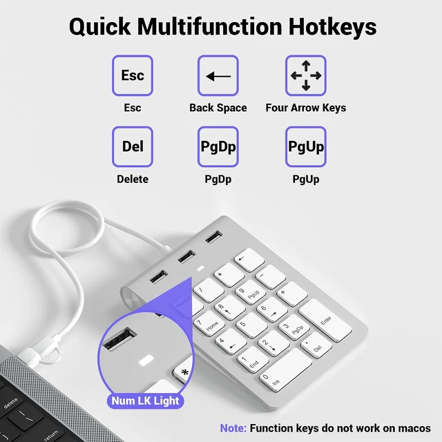 Alt view image 3 of 7 - 2 in 1 USB & USB-C Number Pad with USB Hub for Laptop/PC, 15° Ergonomic
Wired Numeric Keypad for MacBook/Laptop/Desktop/Surface/iPad, Plug & Play 18 Keys Numpad for Windows, macOS & Chrome OS