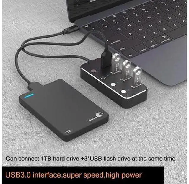 Alt view image 2 of 5 - Alloy 4-Port USB 3.0 Hub Sub-control Switch HUB 30/60/120cm Cable Upto 5Gbps Splitter For Multi USB Desktop Laptop