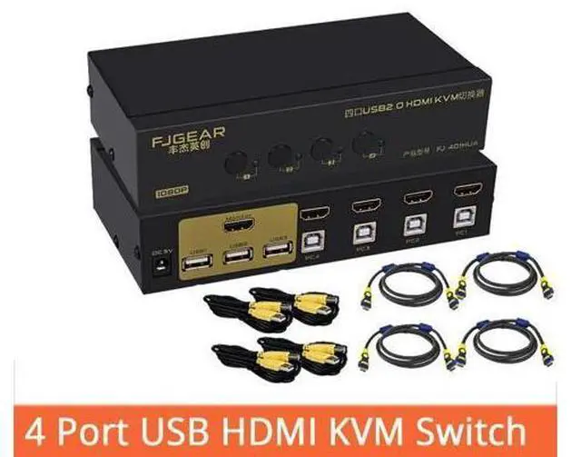 Main image of 4 Port Kvm Switch USB Auto Hd 4 in 1out Switch Monitor Keyboard Mouse Sharer With Power Supply Send Cables FJ-401HUA