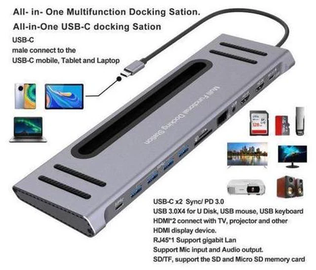 Alt view image 3 of 5 - 12 in 1 USB Type-C HUB Adapter Laptop Docking Station VGA RJ45 PD HD Multi USB 3.0 For MacBook Surface Compatible