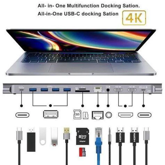 Alt view image 4 of 5 - 12 in 1 USB Type-C HUB Adapter Laptop Docking Station VGA RJ45 PD HD Multi USB 3.0 For MacBook Surface Compatible