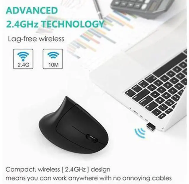 Alt view image 7 of 7 - Ergonomic Mouse Vertical Wireless Mouse - Rechargeable 2.4GHz Optical Vertical Mice : 3 Adjustable DPI 800/1200/1600 Levels 6 Buttons for Laptop PC Computer Desktop Notebook etc Black